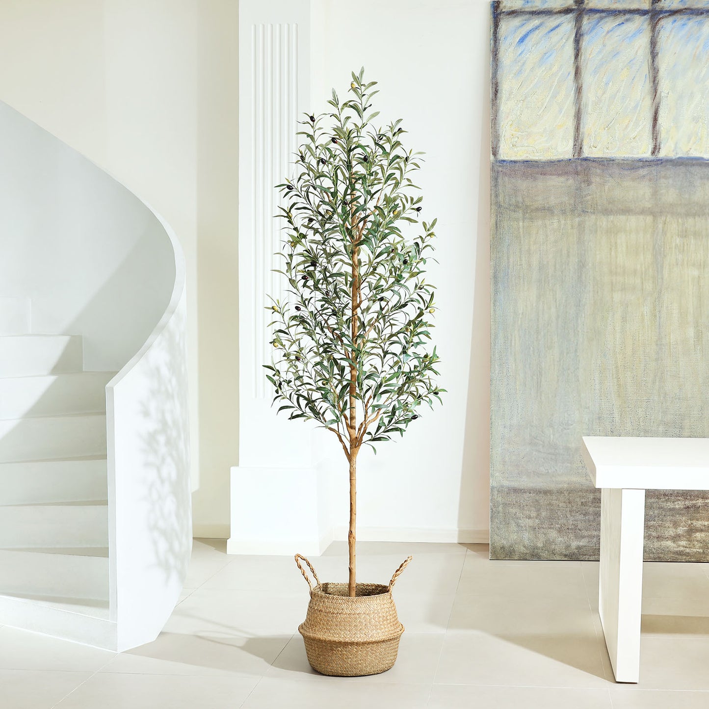 Faux Olive Tree 7FT – Tall Artificial Plants Indoor with Real Wood Trunk & Seagrass Basket, Lifelike Silk Leaves & Fruits – Potted Large Fake Trees for Home, Living Room, Bedroom & Office Decor