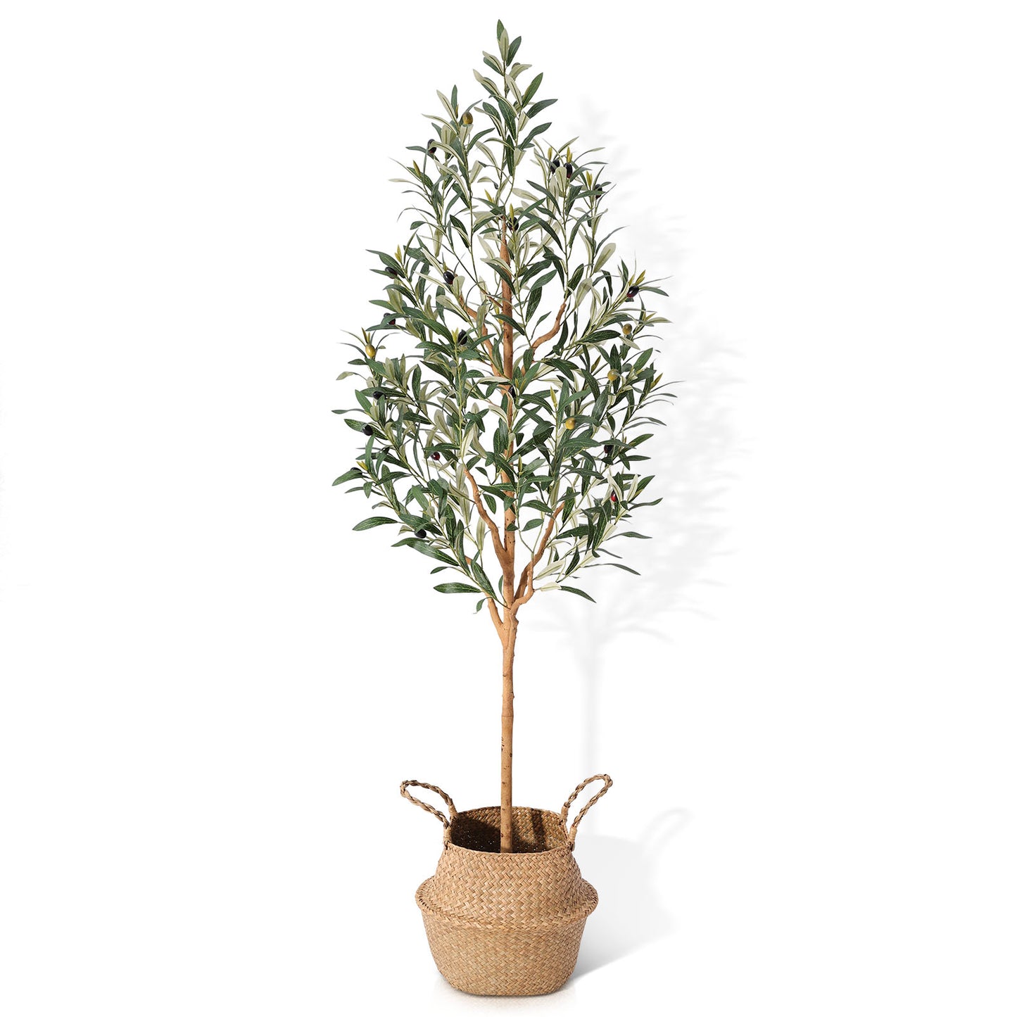 Faux Olive Tree 5FT – Tall Artificial Plants Indoor with Real Wood Trunk & Seagrass Basket, Lifelike Silk Leaves & Fruits – Potted Large Fake Trees for Home, Living Room, Bedroom & Office Decor