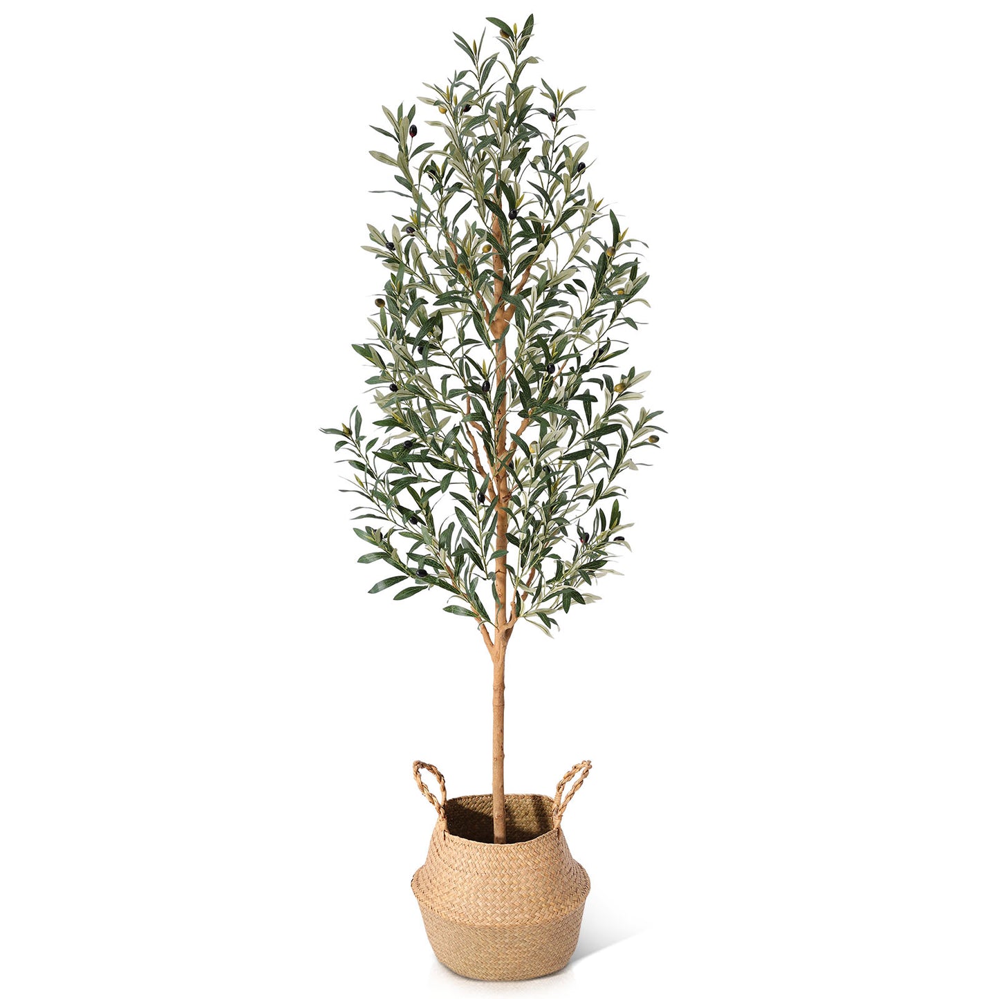Faux Olive Tree 6FT – Tall Artificial Plants Indoor with Real Wood Trunk & Seagrass Basket, Lifelike Silk Leaves & Fruits – Potted Large Fake Trees for Home, Living Room, Bedroom & Office Decor