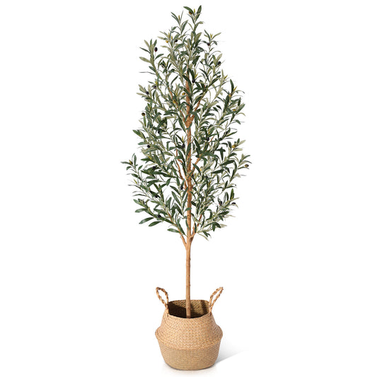 Faux Olive Tree 6FT – Tall Artificial Plants Indoor with Real Wood Trunk & Seagrass Basket, Lifelike Silk Leaves & Fruits – Potted Large Fake Trees for Home, Living Room, Bedroom & Office Decor