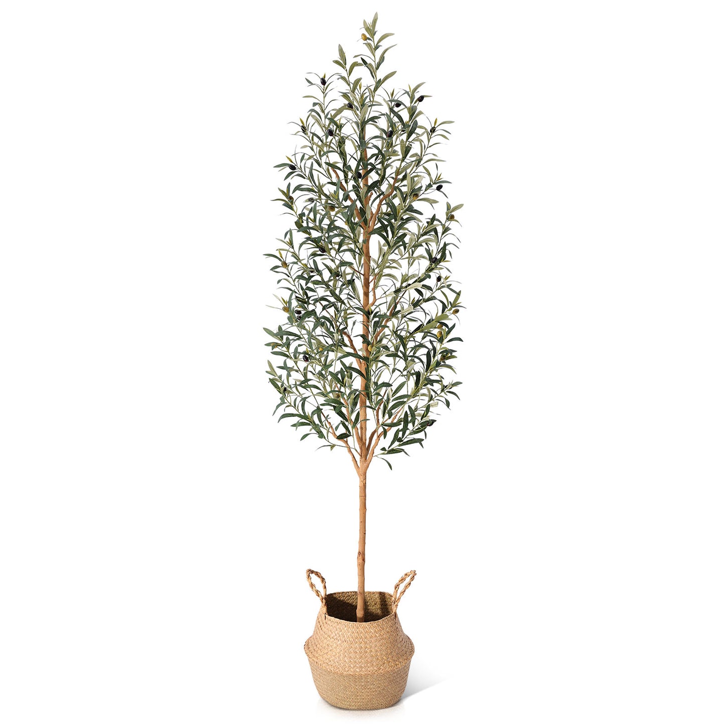 Faux Olive Tree 7FT – Tall Artificial Plants Indoor with Real Wood Trunk & Seagrass Basket, Lifelike Silk Leaves & Fruits – Potted Large Fake Trees for Home, Living Room, Bedroom & Office Decor