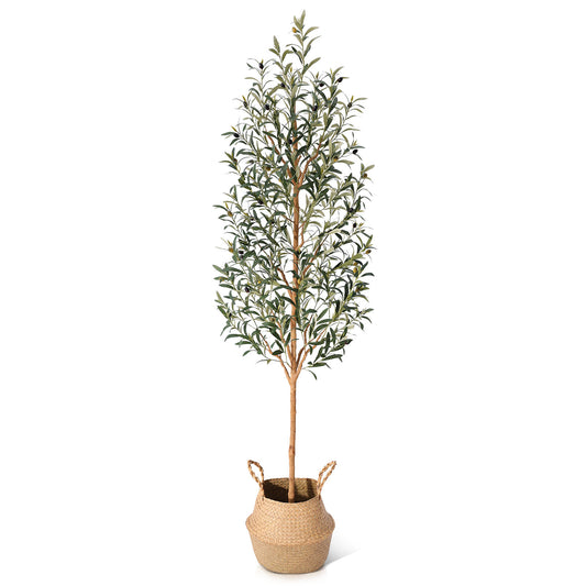 Faux Olive Tree 7FT – Tall Artificial Plants Indoor with Real Wood Trunk & Seagrass Basket, Lifelike Silk Leaves & Fruits – Potted Large Fake Trees for Home, Living Room, Bedroom & Office Decor