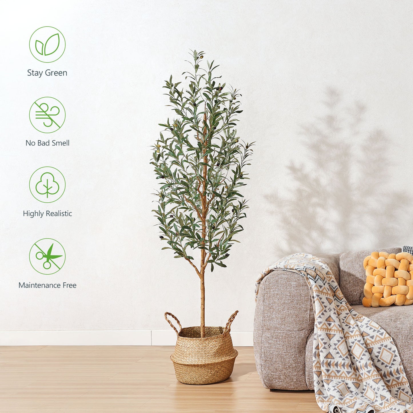Faux Olive Tree 6FT – Tall Artificial Plants Indoor with Real Wood Trunk & Seagrass Basket, Lifelike Silk Leaves & Fruits – Potted Large Fake Trees for Home, Living Room, Bedroom & Office Decor