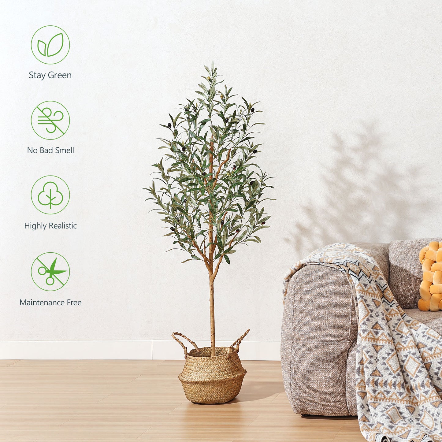 Faux Olive Tree 5FT – Tall Artificial Plants Indoor with Real Wood Trunk & Seagrass Basket, Lifelike Silk Leaves & Fruits – Potted Large Fake Trees for Home, Living Room, Bedroom & Office Decor