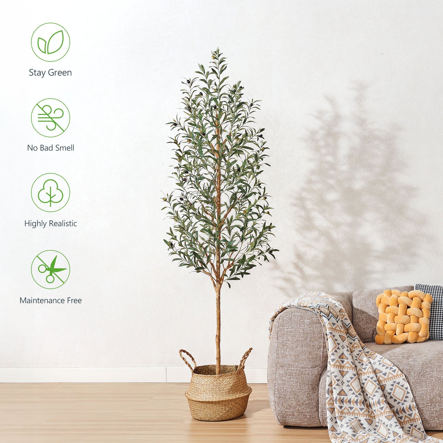 Faux Olive Tree 7FT – Tall Artificial Plants Indoor with Real Wood Trunk & Seagrass Basket, Lifelike Silk Leaves & Fruits – Potted Large Fake Trees for Home, Living Room, Bedroom & Office Decor