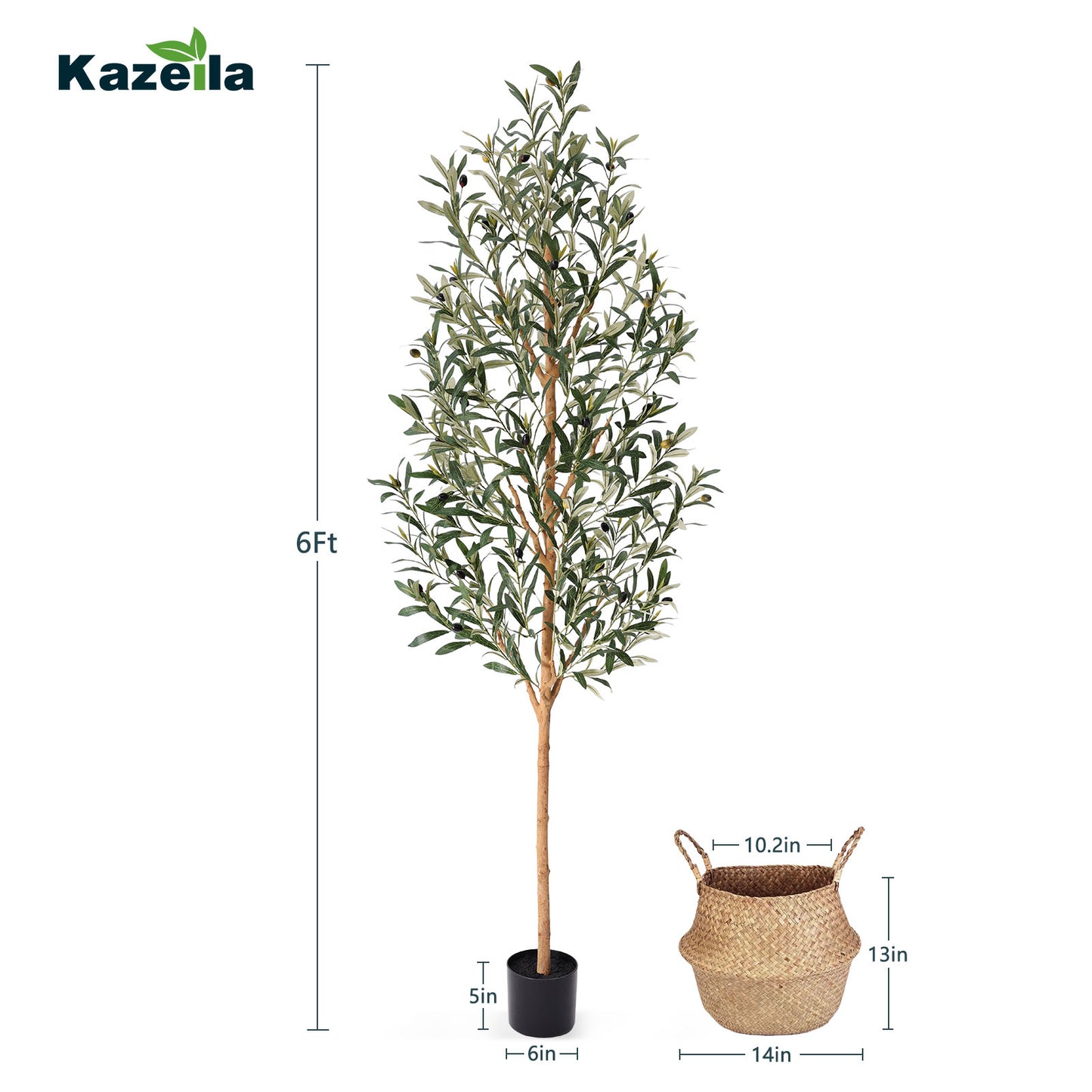 Faux Olive Tree 6FT – Tall Artificial Plants Indoor with Real Wood Trunk & Seagrass Basket, Lifelike Silk Leaves & Fruits – Potted Large Fake Trees for Home, Living Room, Bedroom & Office Decor