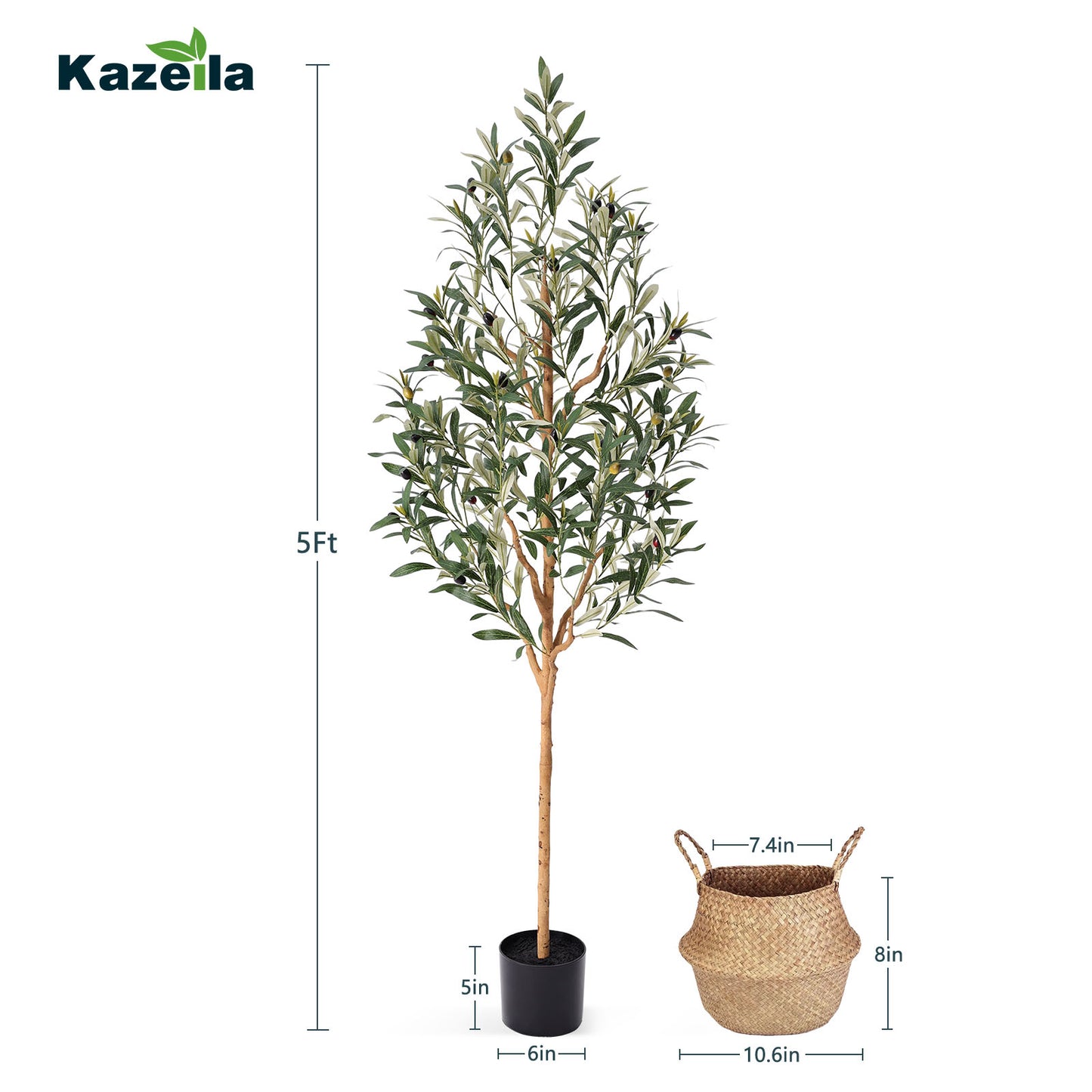 Faux Olive Tree 5FT – Tall Artificial Plants Indoor with Real Wood Trunk & Seagrass Basket, Lifelike Silk Leaves & Fruits – Potted Large Fake Trees for Home, Living Room, Bedroom & Office Decor