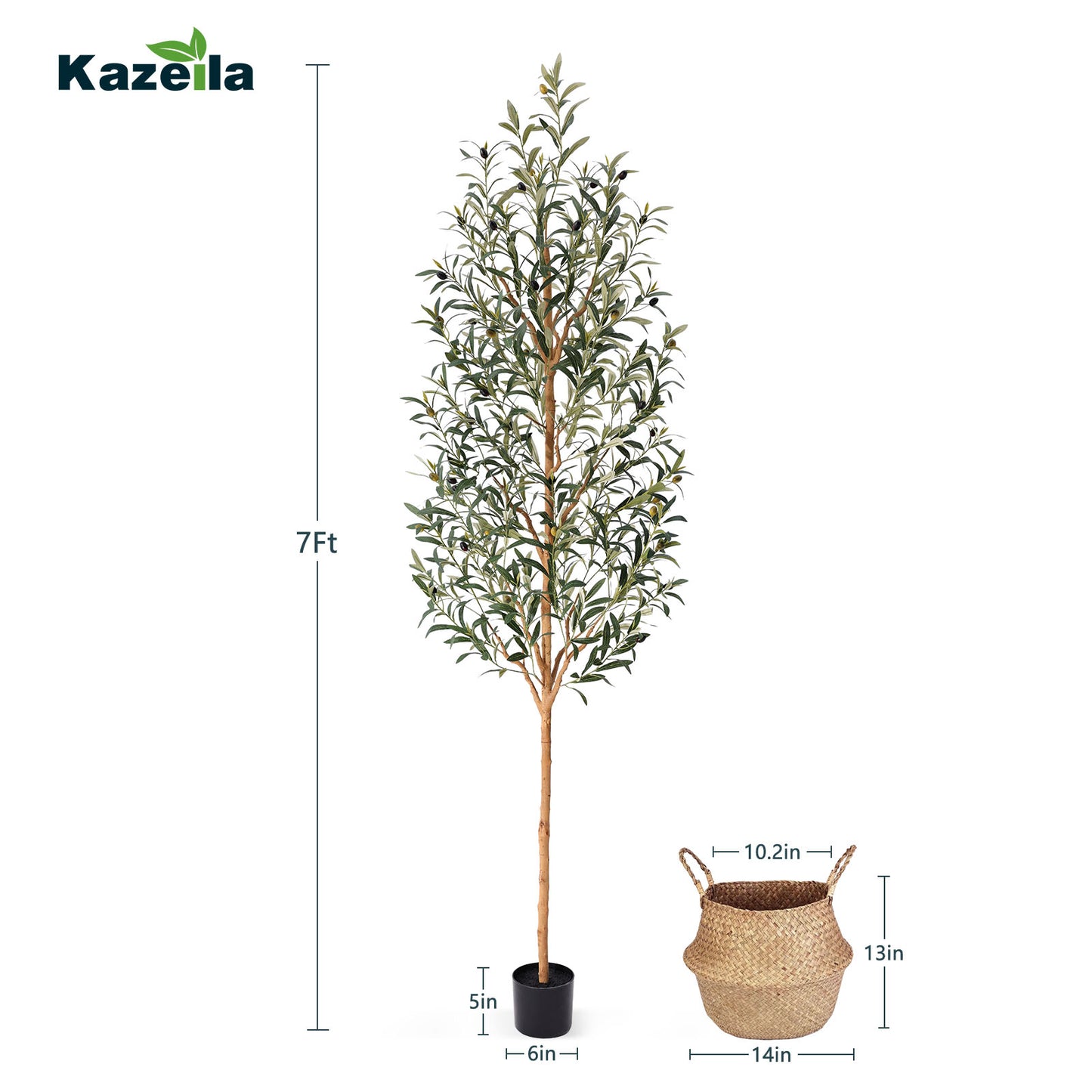 Faux Olive Tree 7FT – Tall Artificial Plants Indoor with Real Wood Trunk & Seagrass Basket, Lifelike Silk Leaves & Fruits – Potted Large Fake Trees for Home, Living Room, Bedroom & Office Decor