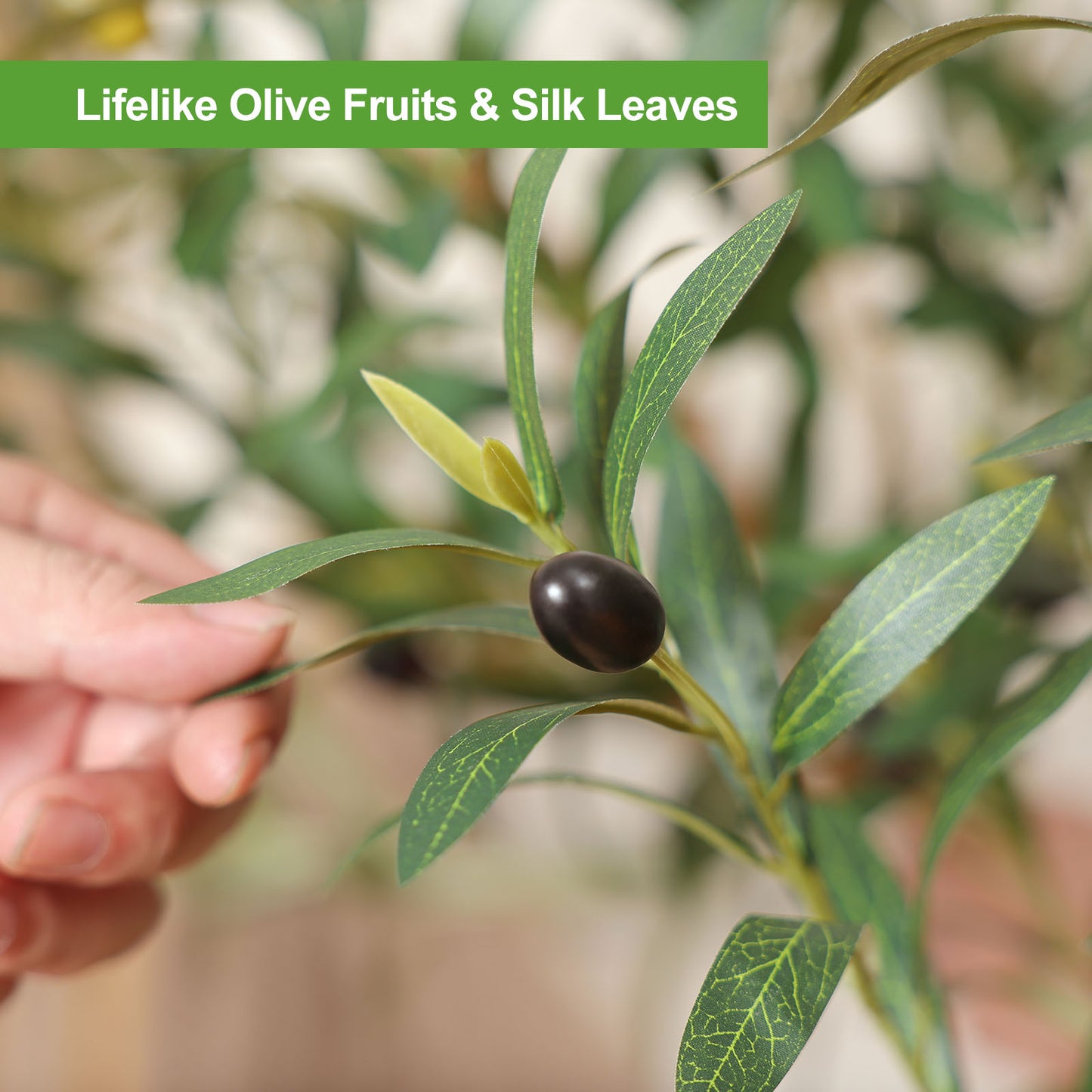 Faux Olive Tree 5FT – Tall Artificial Plants Indoor with Real Wood Trunk & Seagrass Basket, Lifelike Silk Leaves & Fruits – Potted Large Fake Trees for Home, Living Room, Bedroom & Office Decor