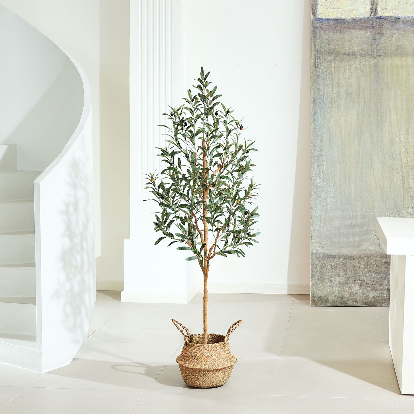 Faux Olive Tree 5FT – Tall Artificial Plants Indoor with Real Wood Trunk & Seagrass Basket, Lifelike Silk Leaves & Fruits – Potted Large Fake Trees for Home, Living Room, Bedroom & Office Decor