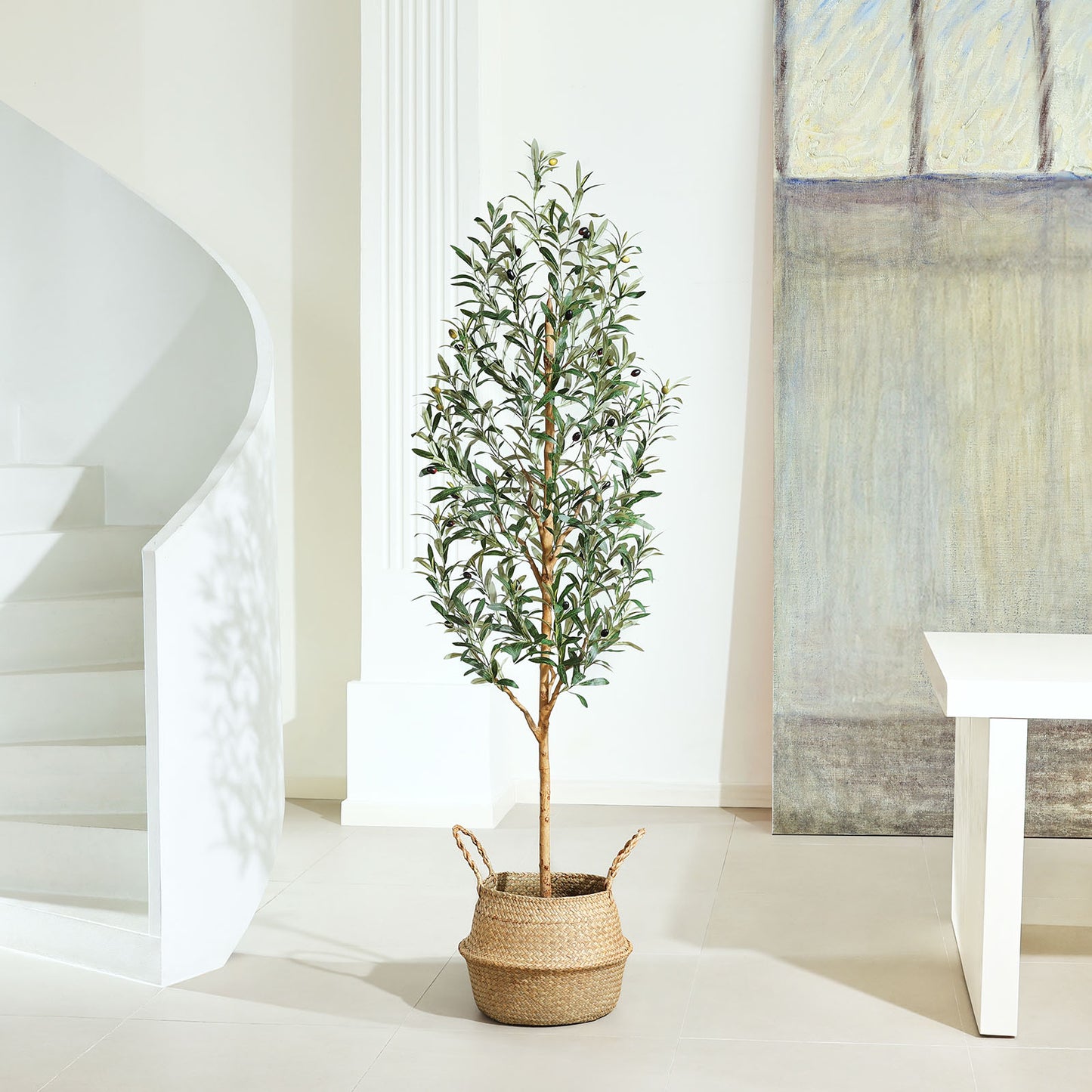 Faux Olive Tree 6FT – Tall Artificial Plants Indoor with Real Wood Trunk & Seagrass Basket, Lifelike Silk Leaves & Fruits – Potted Large Fake Trees for Home, Living Room, Bedroom & Office Decor